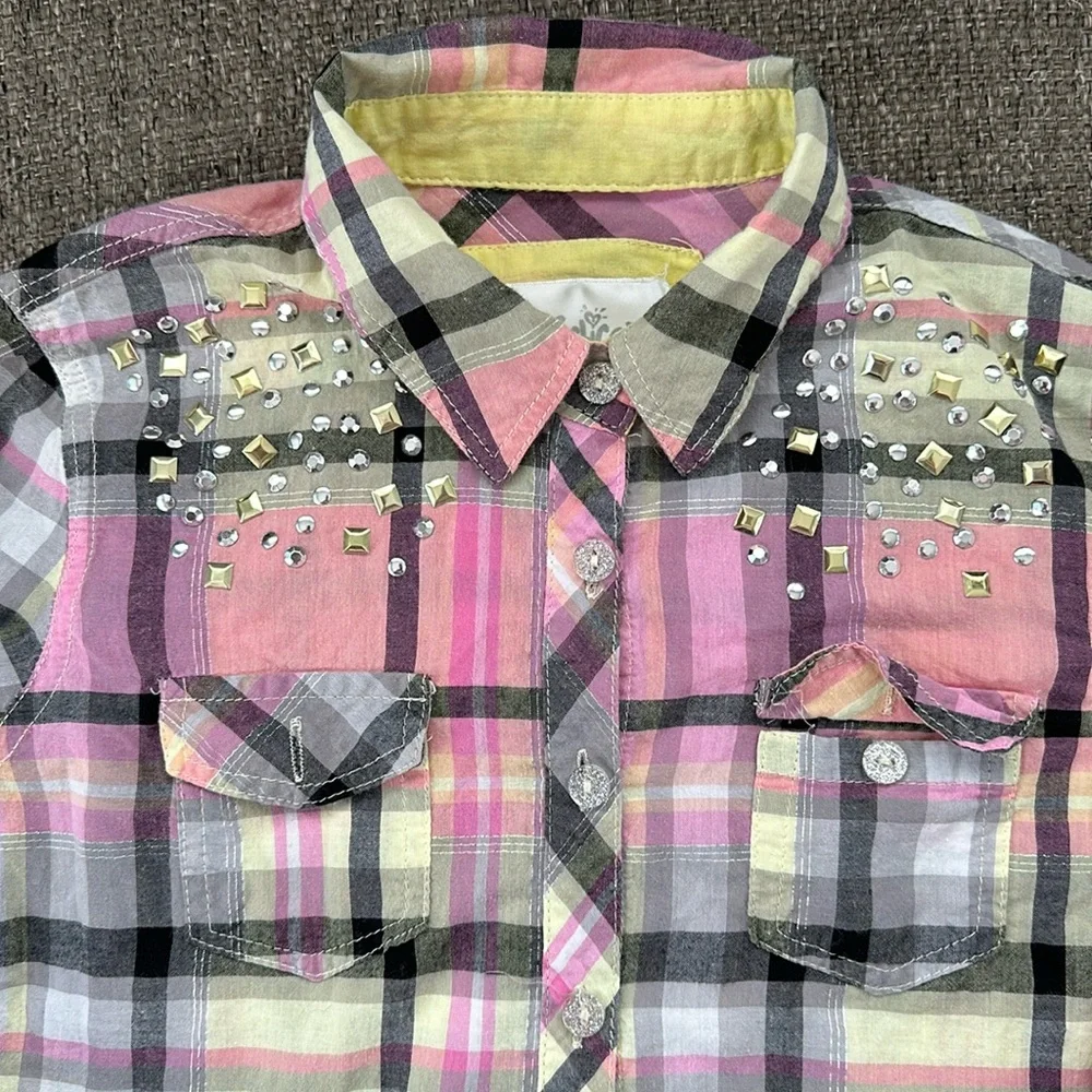 Justice Girls Pink Yellow Button Down Plaid Size 8